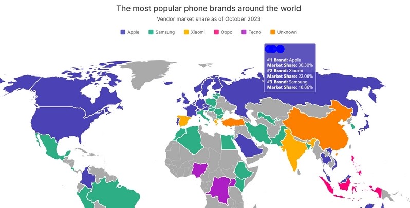 Портал Johns Phones представив великий звіт про найпопулярніші бренди смартфонів у всьому світі. Для цього команда вивчила частку ринку різних виробників у 65 країнах, створивши інтерактивну карту із відображенням популярності різних фірм.
